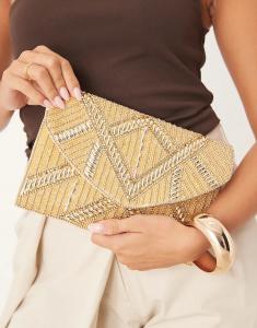 Клатч-конверт True Decadence с отделкой бисером и ремешком через плечо в золоте