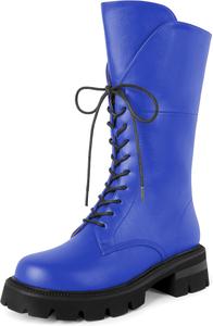 Женские боевые ботинки SAMMITOP, шнуровка, черные, средние по голени, низкий каблук, массивная подошва, круглый носок, ботинки для верховой езды, каблук 2 дюйма