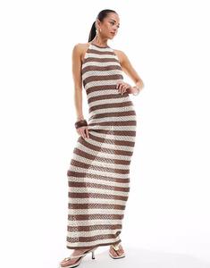 Вязаное крючком макси-пляжное платье с вырезом халтер и открытой спиной в коричневую полоску 4Th & Reckless