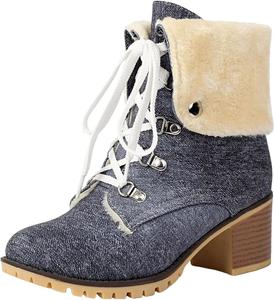 Женские ботильоны на шнуровке с толстым каблуком, из искусственной замши, с утеплителем из флиса, складным верхом, зимние сапоги на платформе с протекторной подошвой, противоскользящие, с округлым носком, для походов и активного отдыха Generic, Grey