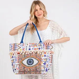 Сумка-шоппер с принтом «Злой глаз» в стиле бохо и бахромой из помпонов Fashnzfab