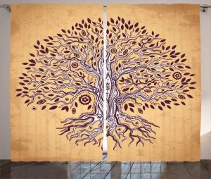 Штора ABAKUHAUS "Дерево в стиле рустик", винтажный вихревой узор, присборенная тесьма для спальни с петлями и крючками, 280 x 245 см, кремово-коричневый цвет