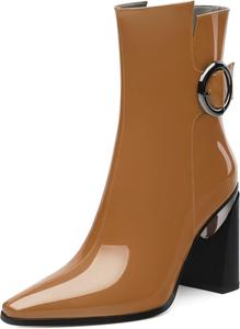 Женские ботильоны, лаковые с заостренным носком, боковой молнией и высоким каблуком, короткие ботинки, женские ботинки на массивном каблуке, удобные ботинки 3,5 дюйма Heisnemca, Brown Patent