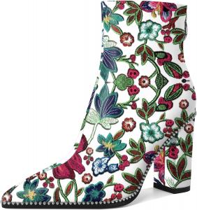 Женские ботильоны с заостренным носком, высокие каблуки, массивные ботильоны на толстой подошве, каблук 3,8 дюйма Younton, Matte Floral Embroidered