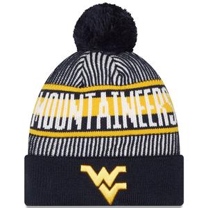Мужская вязаная шапка New Era Navy West Virginia Mountaineers в полоску с манжетами и помпоном