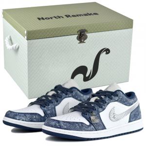 Jordan Эйр 1 NR Gift Low Top Винтажные баскетбольные кроссовки мужские сине-белые - Ледяной Цветочный Синий Дождь-Подарочная Коробка Премиум 2