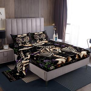 Erosebridal Комплект постельного белья Glitter Skull с романтичным принтом скелетов и экзотичными фиолетовыми цветами, Purple,black