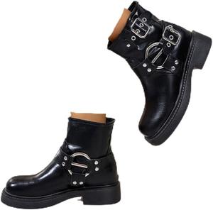 Женские байкерские ботильоны с пряжкой, квадратный носок, низкий широкий каблук, на платформе, ботинки для боевых стилей Generic, Black