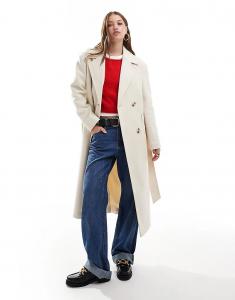 Официальное пальто с поясом и запахом кремового цвета Miss Selfridge