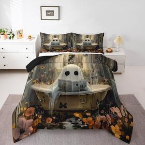 Erosebridal Комплект постельного белья Happy Halloween для детей и подростков в готическом стиле с принтом привидений и тематикой Хэллоуина, Green Beige