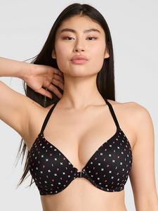 Носите везде, застегивающийся спереди бюстгальтер-футболку с легкой подкладкой, полностью закрывающий лицо. Pink Wear Everywhere, front-close black scattered logo print