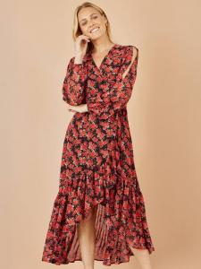 Платье миди с разрезными рукавами и принтом роз Yumi, Red