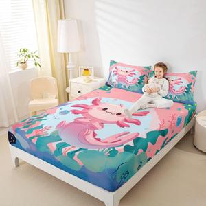 Erosebridal Натяжная простыня Axolotl с милым розовым дизайном в стиле кавай с водными растениями и кораллами, Green Pink Black