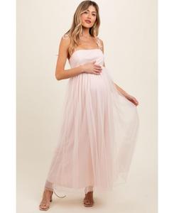Платье-макси для беременных, светло-розовое, с квадратным вырезом, завязками на плечах, из тюля Pinkblush, Light pink
