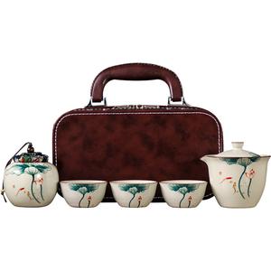 Набор для путешествий с чаем PUQI, ru kiln cloud & lotus leaf handheld teapot set with three cups & tea pot & arashiyama pattern travel bag (red)