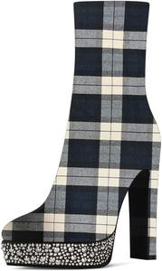 Женские ботильоны FYS на платформе с острым носком, массивным высоким каблуком, из замши с стразами, заклепками, на среднем голенище с молнией для женщин, сексуальная обувь для вечеринок и повседневной носки, размеры США 4-15, Grid