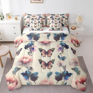 Erosebridal Комплект постельного белья Butterflies Full Size с покрывалом в цветочном стиле, 7 предметов, водяные цветы, Pink Blue Beige