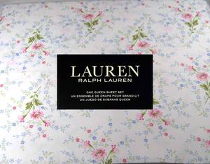 Ralph Lauren Комплект постельного белья Queen (4 предмета), "Розовые ромашки" (цветочный принт, мультиколор на белом фоне)