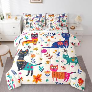 Erosebridal Комплект постельного белья Cat Flowers с рисунком животных и цветов в стиле кавай, Pink Green