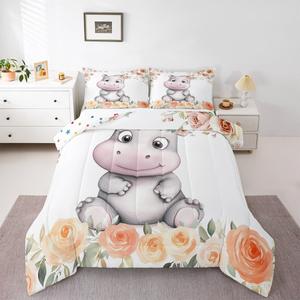 Erosebridal Комплект постельного белья Hippopotamus с мультяшными зоопарковыми животными и цветочным принтом, Grey Pink White