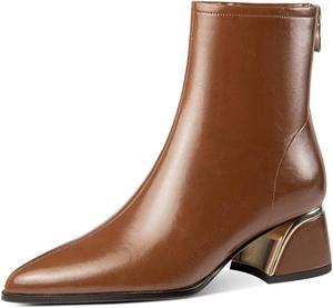 Женские повседневные ботинки KAGAA из натуральной кожи с модным заостренным носком и молнией, средний каблук-блок 5 см, ручная работа, теплые ботильоны для женщин th3221s, Brown