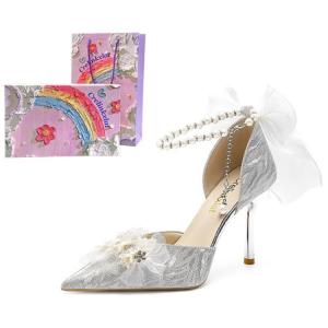 [Glaze Starlight] Жемчужный бант, Хрустальные туфли Свадебные туфли на высоком каблуке, Женские Crelinkxlat, Серебристые 8 см [Розовая коробка]