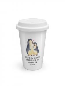 Mr. & Mrs. Panda Белая дорожная кружка с изображением засыпающих пингвинов и надписью