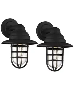 Набор из 2 настенных светильников Marlowe в деревенском индустриальном стиле с черными колпачками и прозрачным стеклом 13 дюймов для наружного применения в амбаре. John Timberland, black