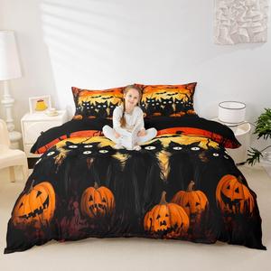 Erosebridal Комплект постельного белья Halloween Cat с готическим принтом тыкв и летучих мышей для детей, Orange and Black