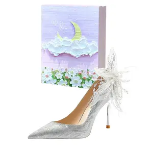 Тонкие каблуки на высоком каблуке для женщин Silver WUGUNIANG, серебряный фиолетовый Moon Galaxy Box