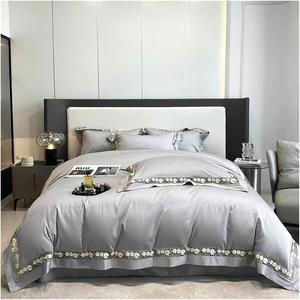 YUSIWOAL Комплект постельного белья из египетского хлопка 1000TC с цветочным ажурным кантом в серо-оранжевых тонах