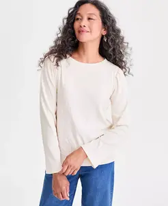 Женский хлопковый топ с длинными рукавами и отделкой пайетками Style & Co, слоновая кость/кремовый