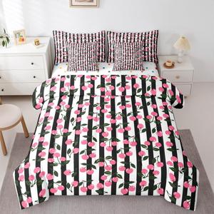 Erosebridal Комплект постельного белья Black Red Cheery с современным полосатым принтом и геометрическими узорами, Black Red