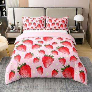 Erosebridal Хлопковый комплект постельного белья с розовым клубничным принтом в стиле кавай, Pink