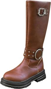 Женские ботинки до середины голени с пряжками из металла, кожаными ремешками, массивным низким каблуком, мотоциклетные ботинки, рыцарские ботильоны, ретро-готические ботинки Generic, Brown