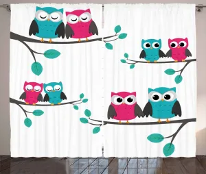Штора ABAKUHAUS в деревенском стиле для детского сада, пара сов на дереве, универсальная тесьма для гостиной с петлями и крючками, 280 x 175 см, бирюзовый, сине-розовый Abakuhaus