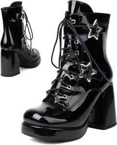 Женские ботильоны с пряжкой на ремне, массивный высокий каблук, кожа с глянцевым эффектом, шнуровка, готический стиль, до середины икры, округлый носок, боковая молния, платформенные ботинки DEVILEYEZE, Black