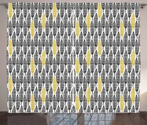 Шторы ABAKUHAUS Feather Rustic Curtain, Style Art Tribal, универсальные ленточные шторы для гостиной с петлями и крючками, 280 x 245 см, горчично-белый/черный Abakuhaus