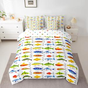 Erosebridal Комплект постельного белья Fishing Hunting Hook с тропическим морским принтом и океаническими животными, White Yellow Blue