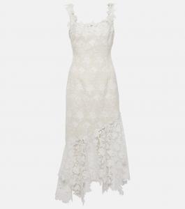 Твидовое платье миди с цветочной кружевной отделкой Oscar De La Renta, белый