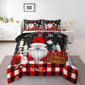 Erosebridal Комплект постельного белья с новогодним принтом гномов и Санта Клауса в красно-черной гамме, Red Black