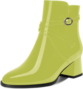 Женские ботинки AMBELIGHT с пряжкой, для путешествий, с круглым носком, наружной лакированной кожей, ремешком на щиколотке, на устойчивом низком каблуке 2 дюйма, Yellow Green