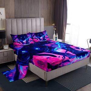 Erosebridal Комплект постельного белья с леопардовым принтом и розовыми цветами в стиле каваи, Pink Teal