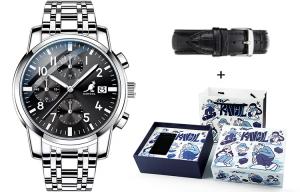 Трехглазая шестиигольная многофункциональная кварцевая стальная браслетная мужская черный циферблат KANGOL, серебристый корпус зеленый циферблат многофункциональный мужские часы