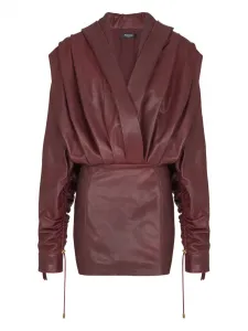 Кожаное платье мини с капюшоном BALMAIN, красный