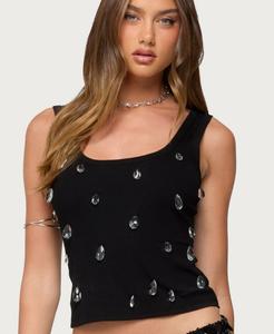 Женская майка Zelena с отделкой из искусственных кристаллов в рубчик Edikted, Black