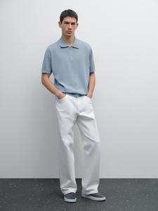 Рубашка-Поло из хлопкового трикотажа с застежкой-молнией на четверть Massimo Dutti, Sky Blue