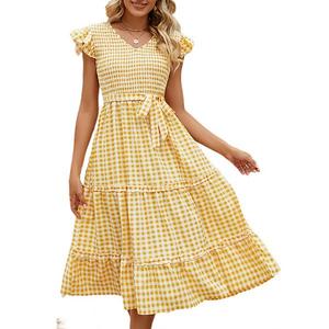 Женское платье миди с v-образным вырезом и присборенным лифом Clearflower, Yellow Plaid