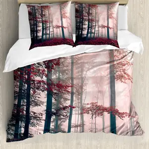 Пододеяльник ABAKUHAUS Лес, осень-осень-природа, защита от клещей, подходит для аллергиков с наволочками, 200 см x 200 см - 80 x 80 см, красный, серый и коричневый