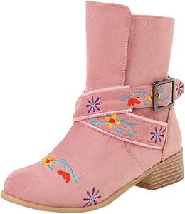 Женские ботильоны Uniquelly с низким каблуком, широким голенищем, круглым носком, без застежки, с цветочной вышивкой, в винтажном стиле, милые зимние туфли, Pink